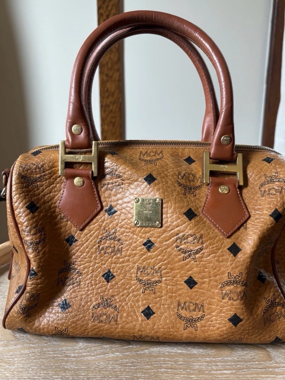 MCM Cognac Visetos Monogram Satchel with Dark Brown Handles